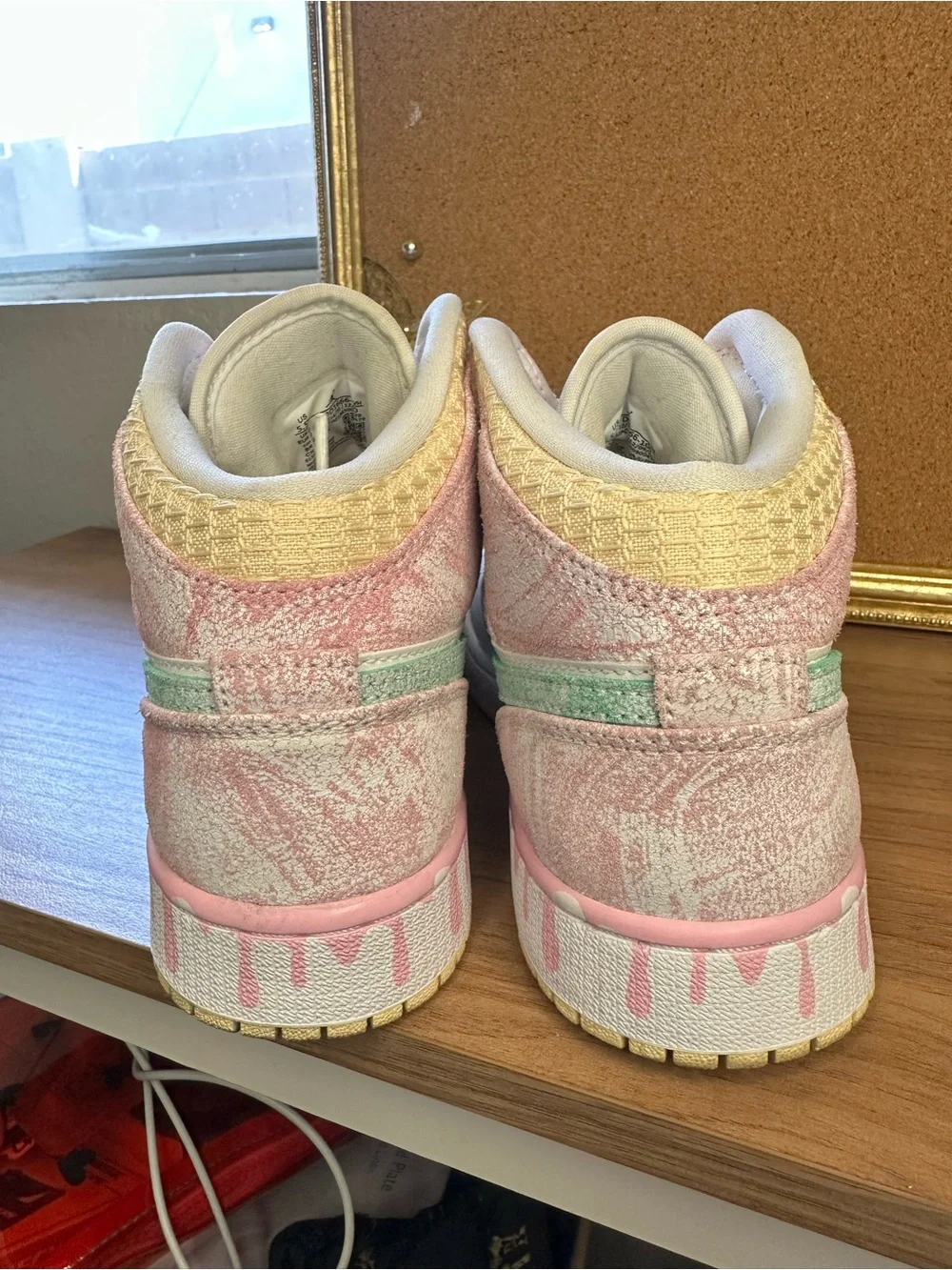 Nike Kids White Pink Teal High-Top Sneakers with Drip Swoosh